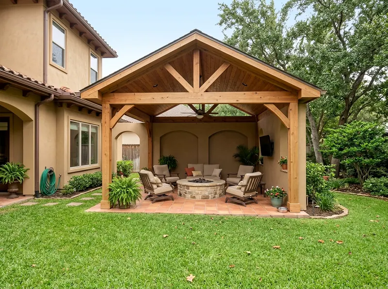 Large Natural cedar Masonry Mediterranean fire pit