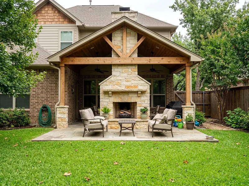 Compact Limestone Masonry Craftsman fireplace