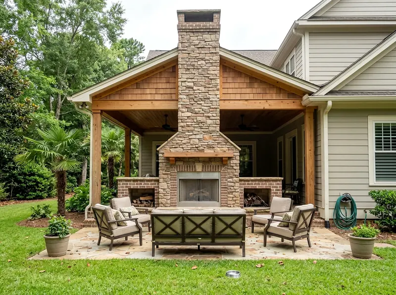 Large Natural cedar Masonry Tropical fireplace