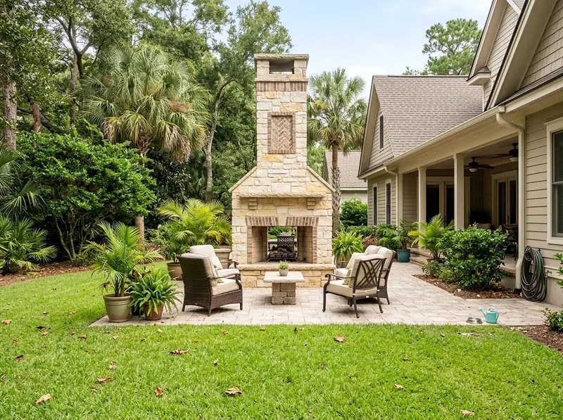 Large Limestone Masonry Tropical fireplace