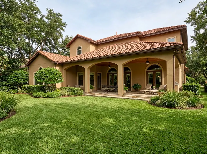 2000 sq ft Natural cedar Mature planting Mediterranean landscaping
