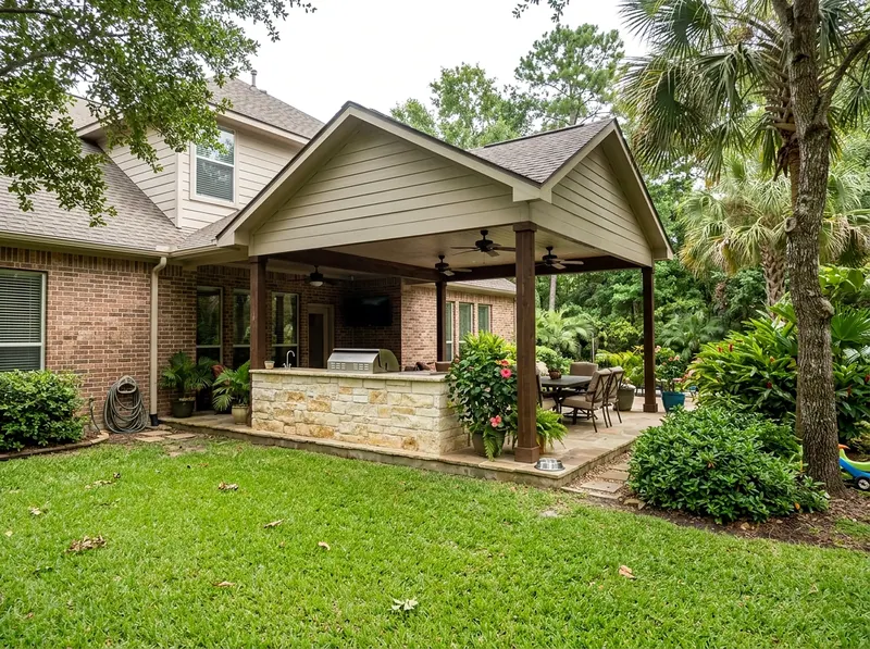 16 linear ft Limestone Kitchen Tropical outdoor kitchen