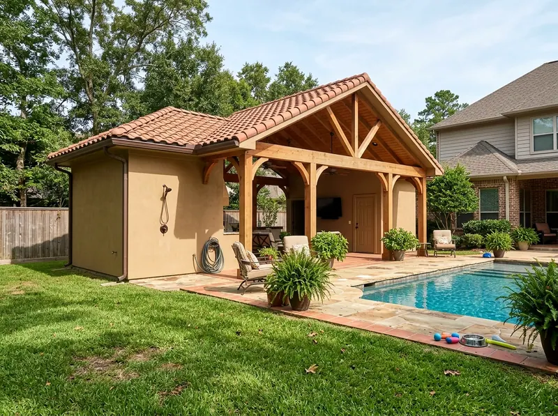 Large yard Natural cedar Open Mediterranean pool house