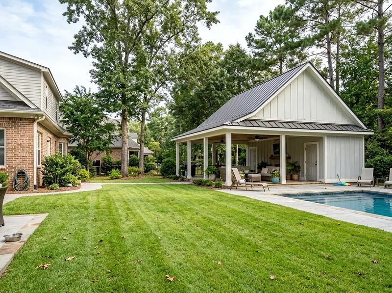 Family yard White Open Farmhouse pool house