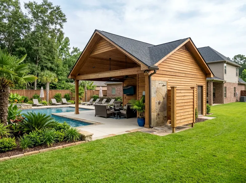 Large yard Natural cedar With a bath Tropical pool house
