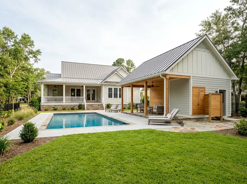 Family yard White With a bath Farmhouse pool house
