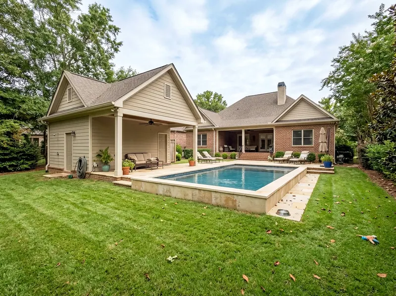 Smaller yard Limestone With a bath Luxury Resort pool house