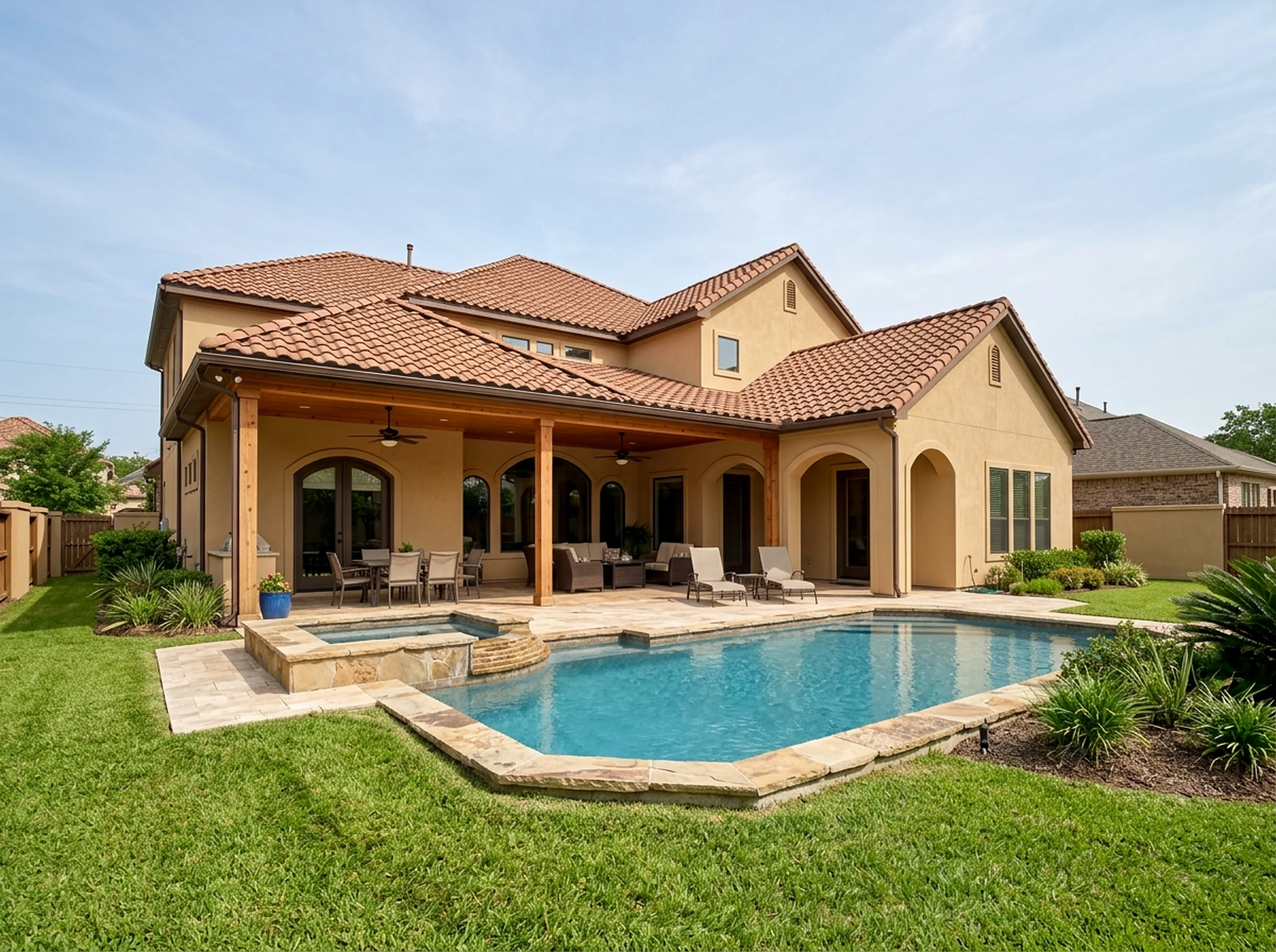 Large yard Natural cedar Value finish Mediterranean shotcrete pool