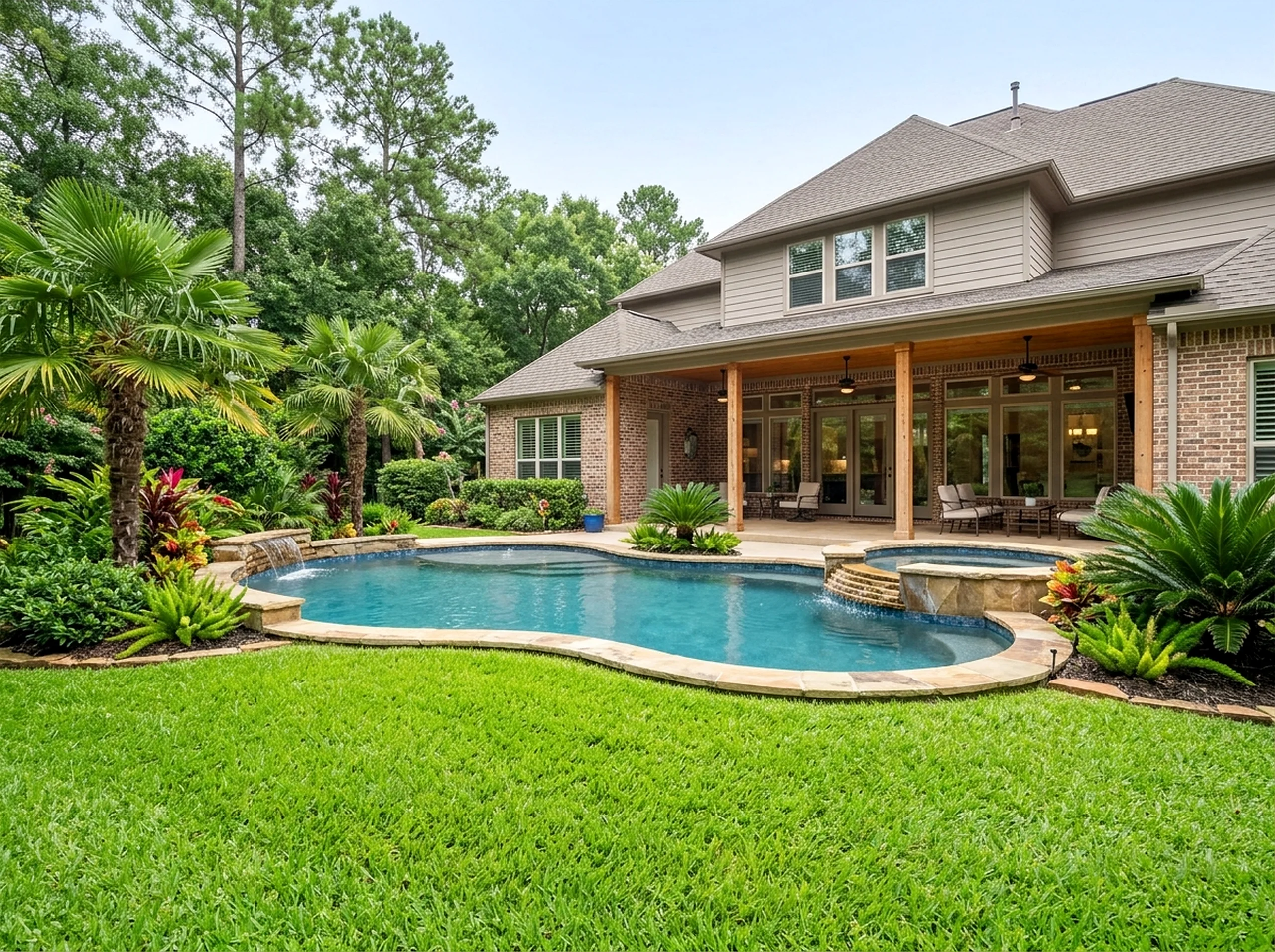 Large yard Natural cedar Value finish Tropical shotcrete pool